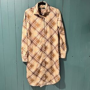 RALPH LAUREN Beige and Brown Plaid Long Sleeve Shirt Dress